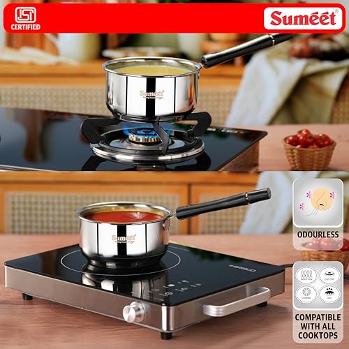 Image of Sumeet ISI Certified Stainless Steel Induction & Gas Stove Friendly Saucepan /Milk Pan /Tea Maker Set of 2Pcs - 800 & 1200ml, 13.5 & 15cm Dia, Silver
