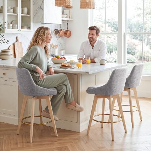 Image of Zesthouse Swivel Counter Height Stools Set of 2, 26 inch Wooden Barstools with Back & Solid Wood Legs, Modern Upholstered Bar Stools for Kitchen Island, Grey Linen Fabric Counter Height Chairs