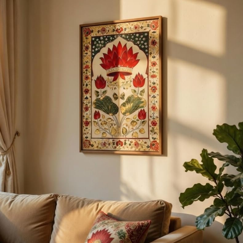 Image of Livin'luxe Royal Lotus Floral Wall Painting with Wooden Frame | Traditional Lotus Artwork HD UV Laminated MDF Wall Decor | Elegant Botanical Lotus Art for Living Room Bedroom Home Decor