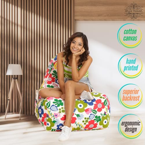 Image of Style Homez Hackey Cotton Canvas Floral Printed Bean Bag XXL Size Filled with Beans Fillers