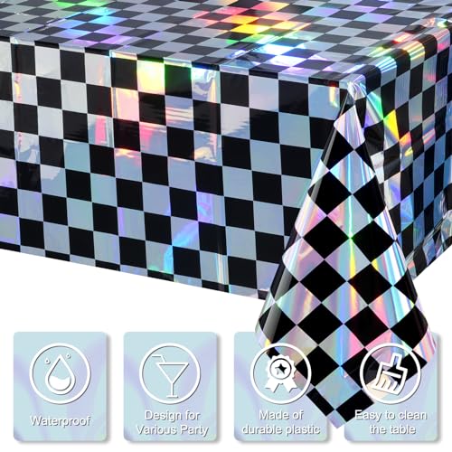 Image of 6Pack Black and Iridescent Checkered Plastic Tablecloth, Shiny Disposable Laser Rectangle Table Covers, Holographic Foil Tablecloth Iridescent Party Decorations for Picnic Camping Race Car, 54x108Inch