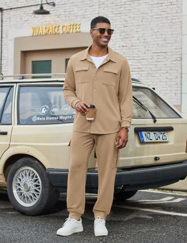 COOFANDY 2 Piece Set for Men Cargo Jacket Tracksuit Athletic, Khaki, Medium - image 3