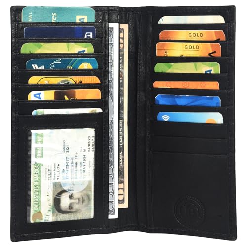 Leatherboss Men's Genuine Leather Long Bifold Wallet | Card Holder Clutch with 6 Card Slots, ID Window, Cash & Checkbook Compartment (Black)2