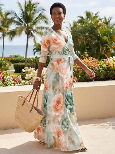 Image of PinkPatty Plus Size Maxi Dress for Women 3 /4 Sleeve Casual Long Dress | Soft stretchy fabric, functional pockets, flattering wrap v neck for vacation, casual wear and everyday styling