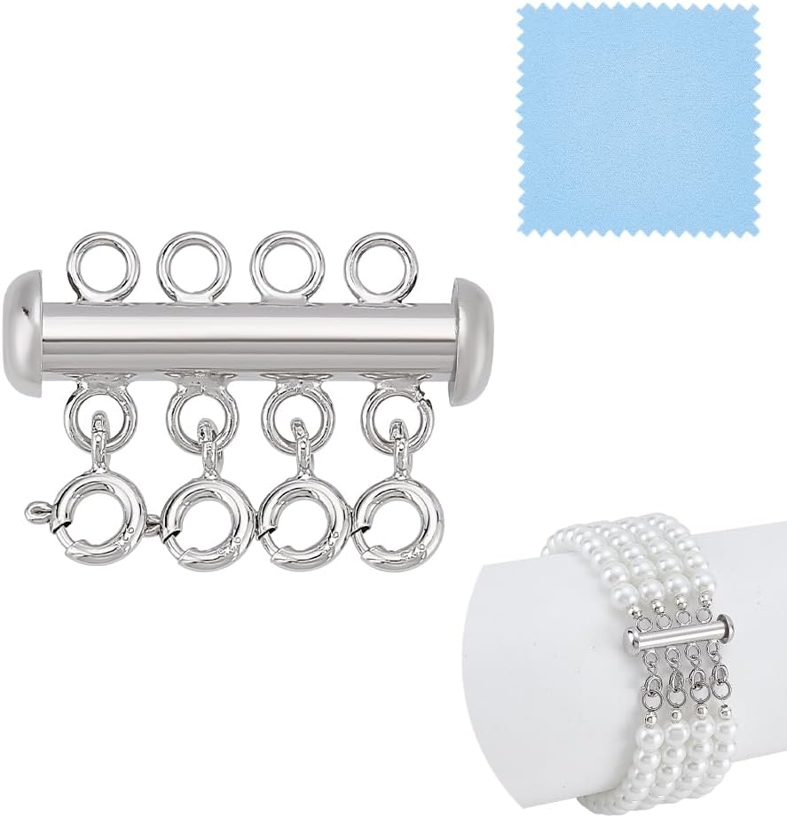 PH PandaHall Sterling Silver Necklace Layering Clasps 4-Strand Jewelry Connector Slide Lock Clasps Platinum Clasp with Cleaning Cloth for Necklace Layering Bracelet Jewelry Making Gift 1'', 1pc