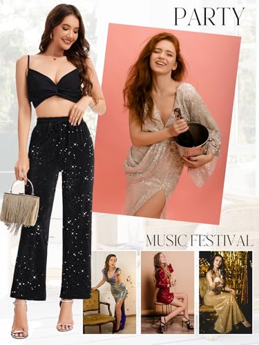 PEIQI Women High Elastic Waist Wide Leg Palazzo Pants Bling Glitter Casual Loose Long Sparkle Pant Trouser4