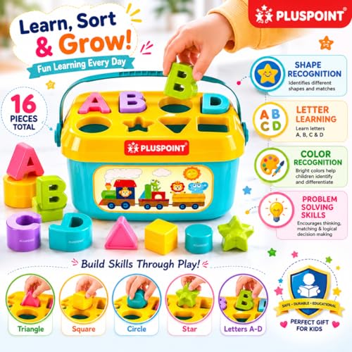 Image of PLUSPOINT Baby's First Educational Shape Sorting Blocks Toy Set | 16 Pcs ABCD Learning Blocks & Shape Sorter | Early Development Activity Toy for 6 Months to 2 Years Old Boys & Girls
