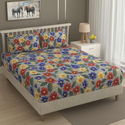 Image of RUMPS 380 TC Premium Heavy Cotton 7D Print Fast Colour Feel Elastic Fitted Floral Bedsheet King Size with 2 Pillow Covers || (Blue Muti, Fitted - 72 inchx78 inch King)
