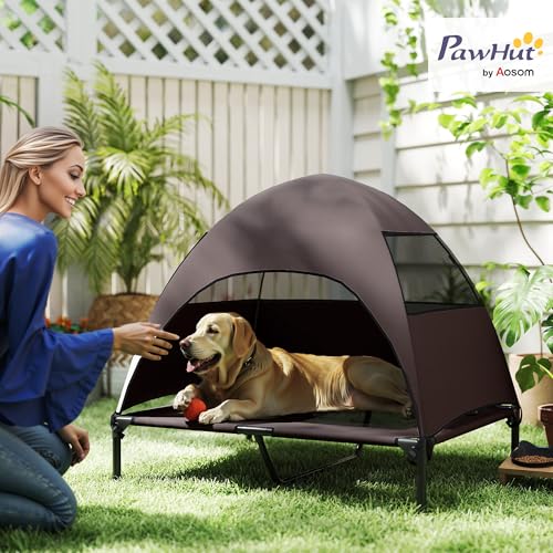 PawHut Hundeliege Outdoor mit Dach, Erhöhtes Hundebett für Große Hunde, Kühlendes Haustierliege mit Waschbares Mesh Stahlrahmen Tragtasche, Haustierbett für Draußen Camping 91x76x90cm, Kaffee