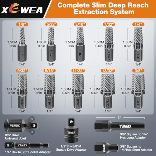 Image of XEWEA 15PCS Bolt Screw Extractor Set, Long Slim CR-MO Multi Spline Easy Out