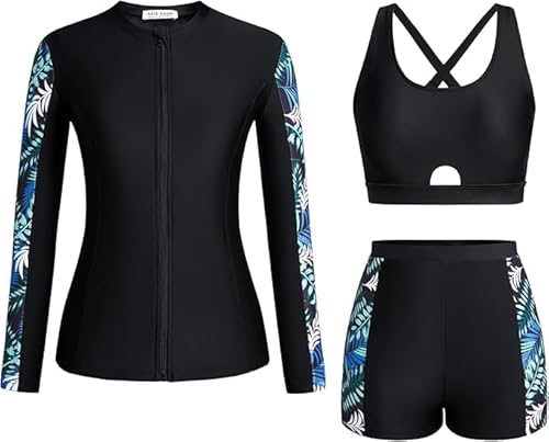 Kate Kasin Floral 3-Piece Swimwear Set Rash Guard Boyshorts & Zipper Shirt for Surfing and Water Sports Black-Green Leaves L Kate Kasin Floral 3-Piece Swimwear Set Rash Guard Boyshorts & Zipper Shirt for Surfing and Water Sports Black-Green Leaves L