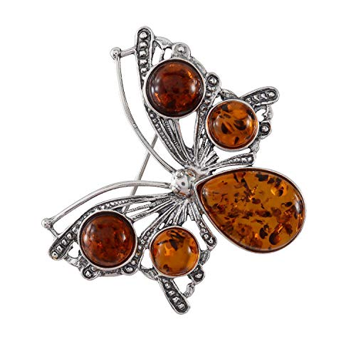 HolidayGiftShops Sterling Silver and Honey Baltic Amber Butterfly Brooch