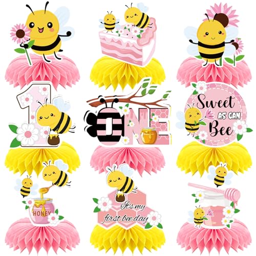 Image of 9pcs Happy 1st Bee Day Honeycomb Centerpieces Bumble Bee First Birthday Party Table Decorations Pink It's My 1st Bee Day Table Centerpiece for Girl Baby Shower Sweet as can Bee Table Topper Sign Decor
