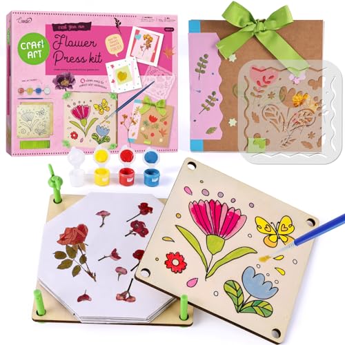 Prensa de flores crianças conjunto de pintura em madeira - kit de artesanato para crianças 6-12 anos - ideia presente menina 7 8 9 10 anos - jogos para crianças e adultos com flores diárias,