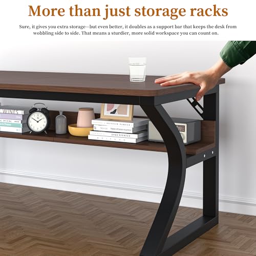 Image of 47 inch Computer Desk, Home Office Desk with Storage Shelf, Sturdy U-Shaped Metal Frame Study Table with Cable Management, Gaming Desk for Office & Bedroom (Deep Walnut, 47inch)