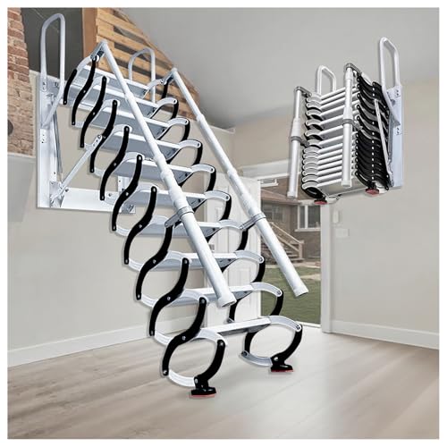 Extra-Wide 53cm Wall Mounted Loft Ladder, 14 Steps Folding Pull Down Attic Stairs, Retractable Staircase with 2 Handrails, Non-slip Treads, capacity 300, for 3.45-3.55m Lofts (14 Steps)