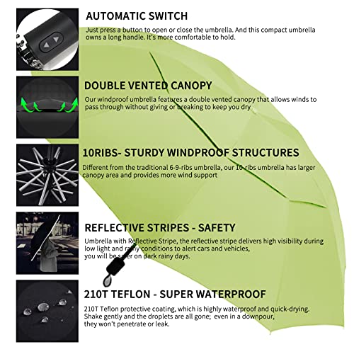Mrtlloa 49 Inch Automatic Open & Close Large Windproof Travel Umbrella, Compact Double Canopy Vented Waterproof Folding Golf Umbrellas For Rain, Portable For Car, Backpack, Luggage, For Women And Men(49 Inch, Grass Green) #TOP6