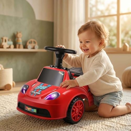 Image of Baby Kids Ride On Red Car for Toddlers with Steering Wheel & Backrest | Foot to Floor Baby Push Car | Indoor Outdoor | Strong Wheels & Comfortable Seat | Racing Design for Boys & Girls (1-3 Years)