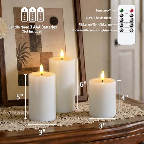 Image of Yeelida Remote Flameless Flickering Pillar Candles with Candle Grease Effect,Pack of 3 White LED Battery Oprated 2 /4 /6 /8 Hours Timer Real Wax Electric Candles(3x4,5,6 Inches)