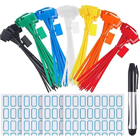 140 Pieces 6 Inch Nylon Cable Marker Ties Self Locking Cord Tags Wire Labels Ethernet Cable Labels Wire Straps with Marker Pen and 128 Pcs White Self Adhesive Cable Labels for Home and Office Use Cover