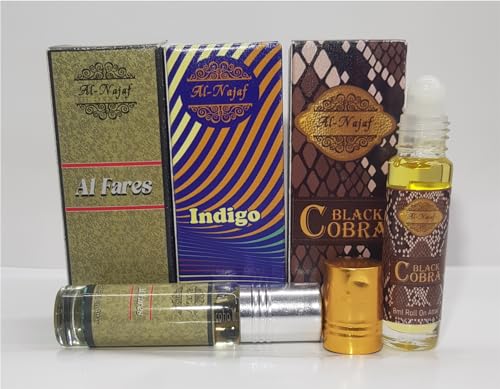 Indigo 8ml Roll On Attar, Al-Fares 8 Ml Roll On Attar, Bl_ack Cobra 8Ml Roll On Attar. Trio Pack, Non Alcoholic, Fabric Friendly, 8Ml Bottle Each.