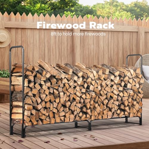 VIVOHOME 8ft Heavy Duty Indoor Outdoor Firewood Storage Log Rack with Cover Combo Set Black 8ft Heavy Duty Firewood Rack Log Holder with Carrier Bag, Metal Wood Pile Storage
