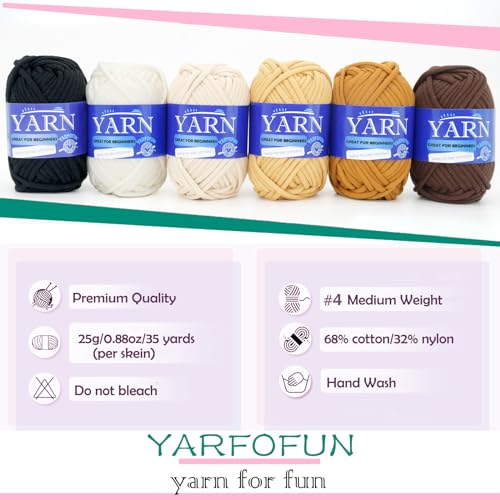 Image of 6 Pack Cotton Yarn for Beginners - Easy to See Stitches Crochet and Knitting Kit - Cotton Nylon Blend - Brown Series