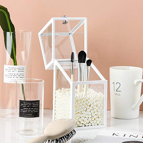 London Boutique Soporte para brochas de maquillaje con tapa, almacenamiento de maquillaje, organizador de cosméticos, escritorio, multifunción, a prueba de polvo, perlas blancas (blanco) Cover