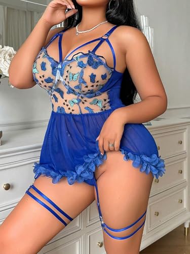 Image of Alrovetoney Plus Size Lingerie For Curvy Women Ruffle Lingerie Set Sexy Lace Lingerie Set Garter Belt With Stockings