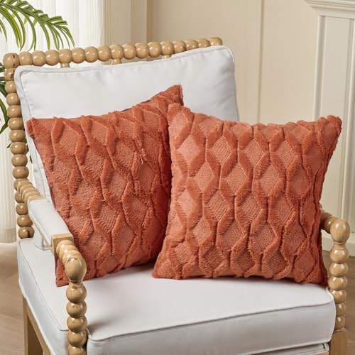 Volcanics Pack of 2 Faux Wool Burnt Orange Throw Pillow Covers 20x20 Inches Decorative Farmhouse Velvet Couch Pillow Case Soft Plush Square Boho Cushion Pillowcase