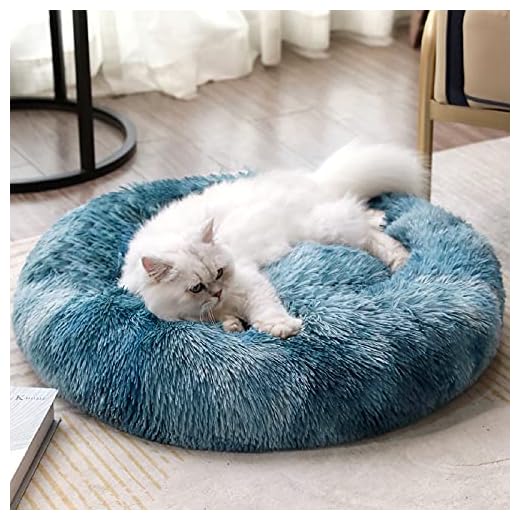 Round Dog Cat Bed Donut Cuddler, Faux Fur Plush Pet Cushion for Large Medium Small Dogs, Self-Warming and Cozy for Improved Sleep Gradient Blue, Small (20" x20")