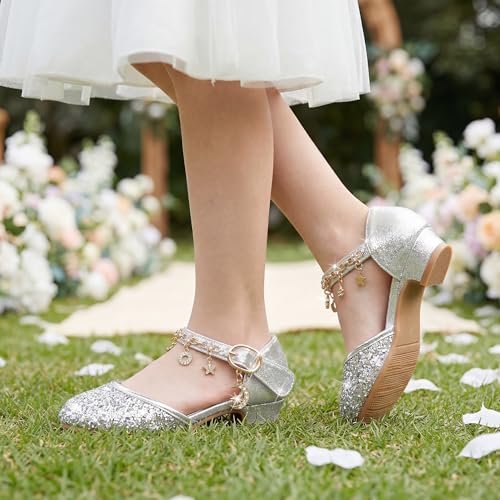 Image of Stelle Girls Glitter Charm Dress Shoes Sequins Princess Heels for Party | Sparkle finish, Decorative charms, Cushioned comfort, Flexible outsole, Dress-up, Special occasions, Comfortable fit