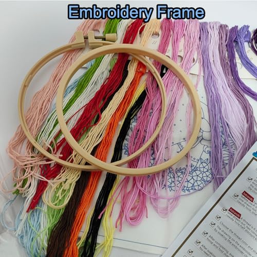 Image of Cute Embroidery Kit Beginner Cross Stitch Kit for Adults Kids - Blue Dress Girl with Moon & Flowers Starter DIY Embroidery Set Includes 23 Color Threads 3 Needles Hoop, Easy Instructions 5.9''x5.9''