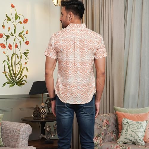 Image of Peach Chevron Printed Cotton Casual Shirt for Men | Half Sleeve | Regular Collar | Regular Fit