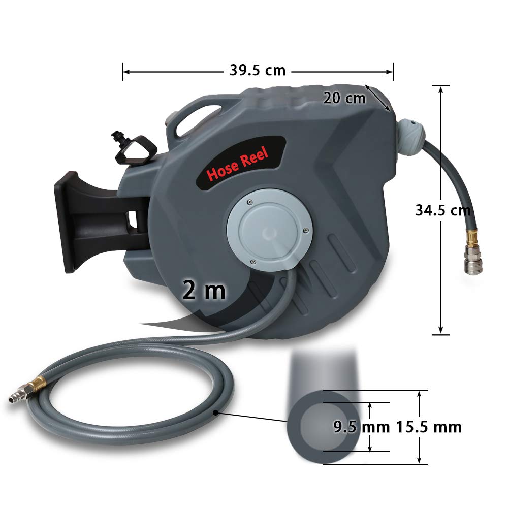 Enrollador automático de manguera de aire comprimido de 20 + 2 m, con conexión de 1/4", enrollado automático de 180°, para montaje en pared