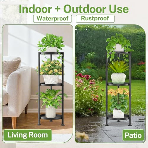 Image of iDavosic.ly 3 Tier Plant Stand Indoor with 10 Inch Wide Tray, Tiered Corner Metal Outdoor Flower Display Holder, Vertical Tall Rack for Patio Porch Living Room, Modern Black