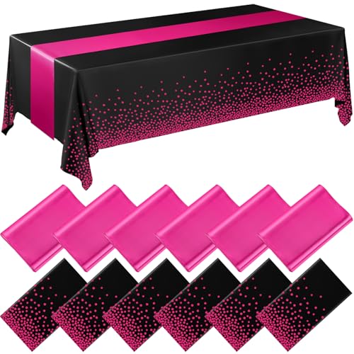Image of Breling 12 Pack Black and Hot Pink Disposable Plastic Tablecloths and Satin Table Runner Set, 54 x 108 Inch Tablecloth, 12 x 108 Inch Table Runners for Wedding Graduation Birthday Baby Shower