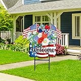JarThenaAMCS Patriotic Flower Metal Garden Stakes 4th of July American Flag Floral Vase Decorative Lawn Sign Welcome Yard Sign for Independence Day Home Outside Decor