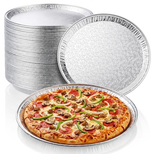 Patelai 50 Pcs 12 Inch Disposable Pizza Pans Aluminum Pizza Pan Round Aluminum Foil Serving Tray Silver Serving Platters for Baking Cooking Storage Cake Chocolate Cookies Pie Vegetables