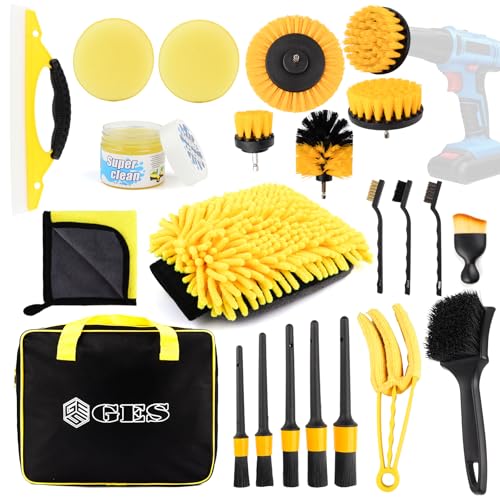 GES Kit de Limpieza de automóviles 22 Piezas: Juego Completo de Detalles para Interior, Exterior, Ruedas, Cuero, Rejillas de ventilación y Tablero (Amarillo)
