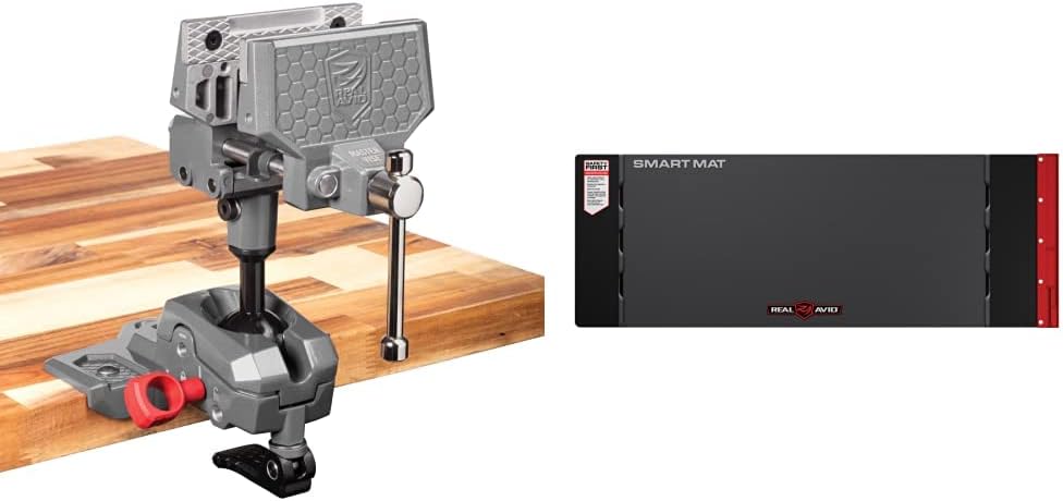 Real Avid Precision Bench Vise with Clamping Vise Jaws & Swiveling Vise Body |Multi-Use Handsfree Workbench Vice & Real Avid Universal Smart Mat - 43x16”, Long Gun Cleaning Mat, Red Parts Tray