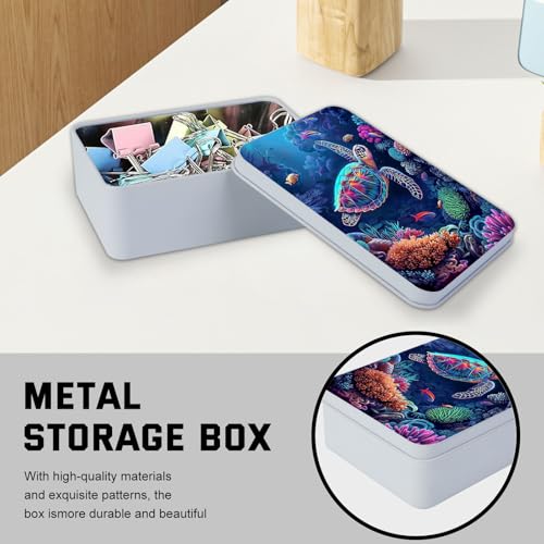 Image of Metal Tin Box with Lid for Game Cards Home Large Organizer Candles Keys Crafts Storage - Comes with 4 Magnetic Cord Clips,Sea Turtle
