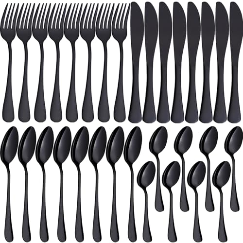 PionStar 32 Pieces Black Cutlery Set Stainless Steel Cutlery Set for 8 People Flatware Set Include Knives Forks Spoons and Teaspoons Dishwasher Safe/Mirror Polished Flatware Set for Kitchen