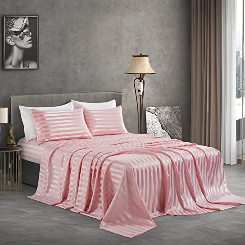 Manyshofu Blush Pink Satin Striped Sheets - 4Pcs Satin Sheets Queen Size, Cooling Silky Satin Bed Sheets Luxury Bedding Sheet Set(1 Satin Fitted Sheet, 1 Satin Flat Sheet, 2 Satin Pillow Cases) #TOP5