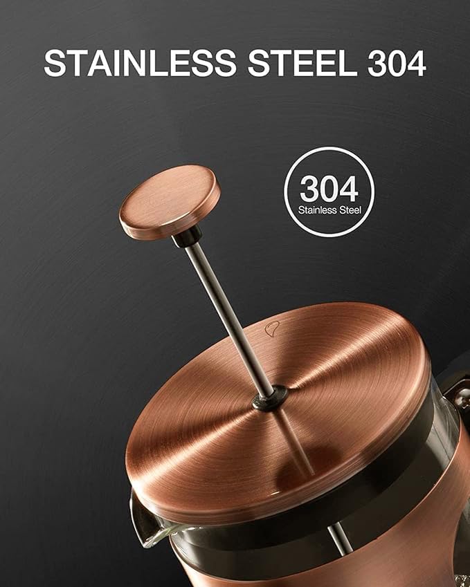 BAYKA French Press Coffee Maker, Large Classic Copper 304 Stainless Steel Coffee Press, Cold Brew Heat Resistant Thickened Borosilicate Coffee Pot for Camping Travel Gifts, 34 Ounce