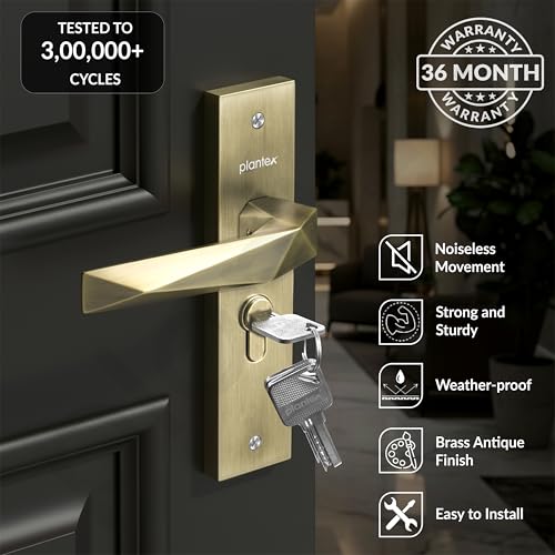 Image of Plantex Heavy-Duty Door Lock Handle Set / 6-Lever Lock Mechanism with 3 Years of Warranty /Mortise Lock with 3 Keys, Brass Lock Body & Cylinder - (8129-Brass Antique)