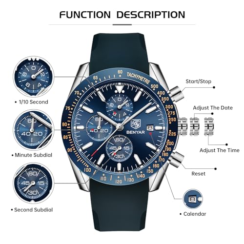 Image of BENYAR Mens Watch Chronograph Analog Quartz Movement Quartz Movement Sports Watch 30M Waterproof with Analog Date Watch Men Retro Street Style Men's Watch