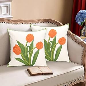 Pack of 2 Embroidered Decorative Throw Pillow Cover 18x18 Inch Farmhouse Floral Pillowcase for Living Room Sofa Bed (Orange Tulip) Pack of 2 Embroidered Decorative Throw Pillow Cover 18×18 Inch Farmhouse Floral Pillowcase for Living Room Sofa Bed Orange Tulip