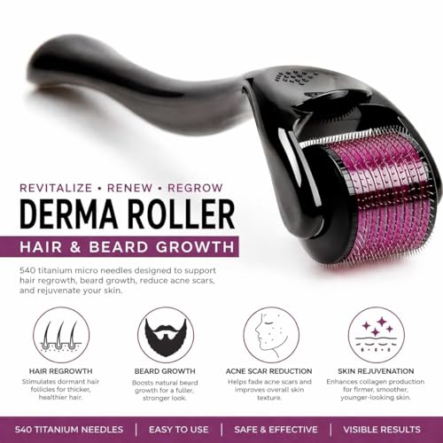 Image of Derma Roller 0.5mm for Hair & Beard Growth - 540 Titanium Micro Needles for Hair Regrowth, Beard Growth, Acne Scar Reduction & Skin Rejuvenation - Safe for Men & Women (G-Black)