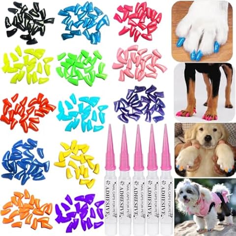 JOYJULY 100pcs Dog Nail Caps Dog Caps Dog Nail Covers for Pet Dog Paws with 5pcs Adhesive Glue+5pcs Applications and Instructions Cover
